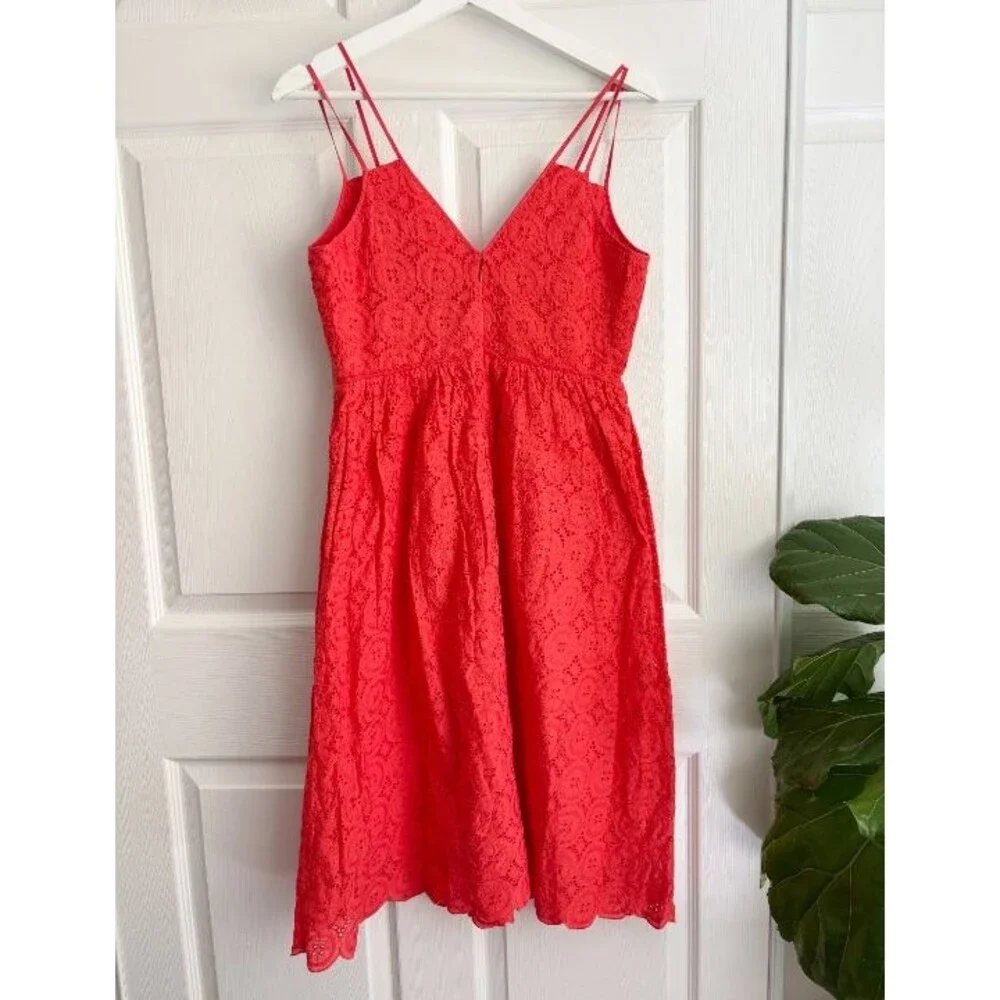 JCREW $198 Petite double-strap midi dress in eyelet Size 2P Coral Red